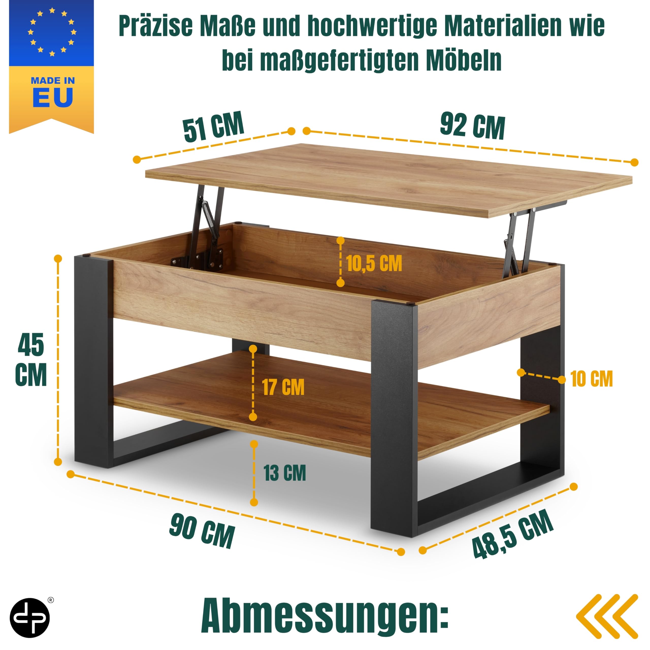 defiPad Couchtisch Höhenverstellbar mit Stauraum, Wohnzimmertisch Eiche-Schwarz mit hochziehbarer Tischplatte, verstecktem Fach und Ablage, 92 x 51 cm