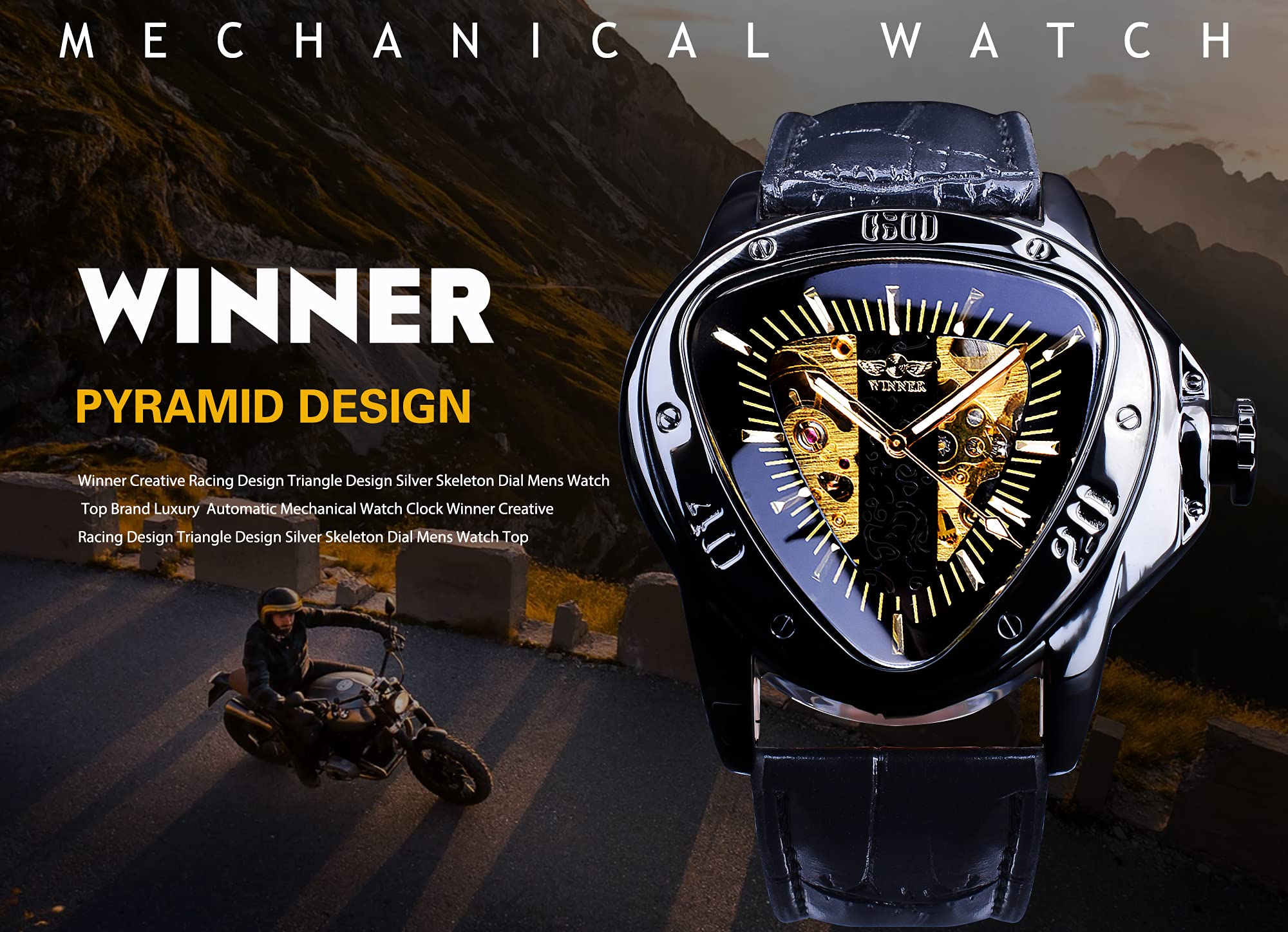 Winner Fashion mechaniczny zegarek na rękę trójkątna tarcza wyścigowa, wodoodporny złoty szkielet tarcza automatyczny mechanizm skórzany design mechaniczny zegarek dla mężczyzn
