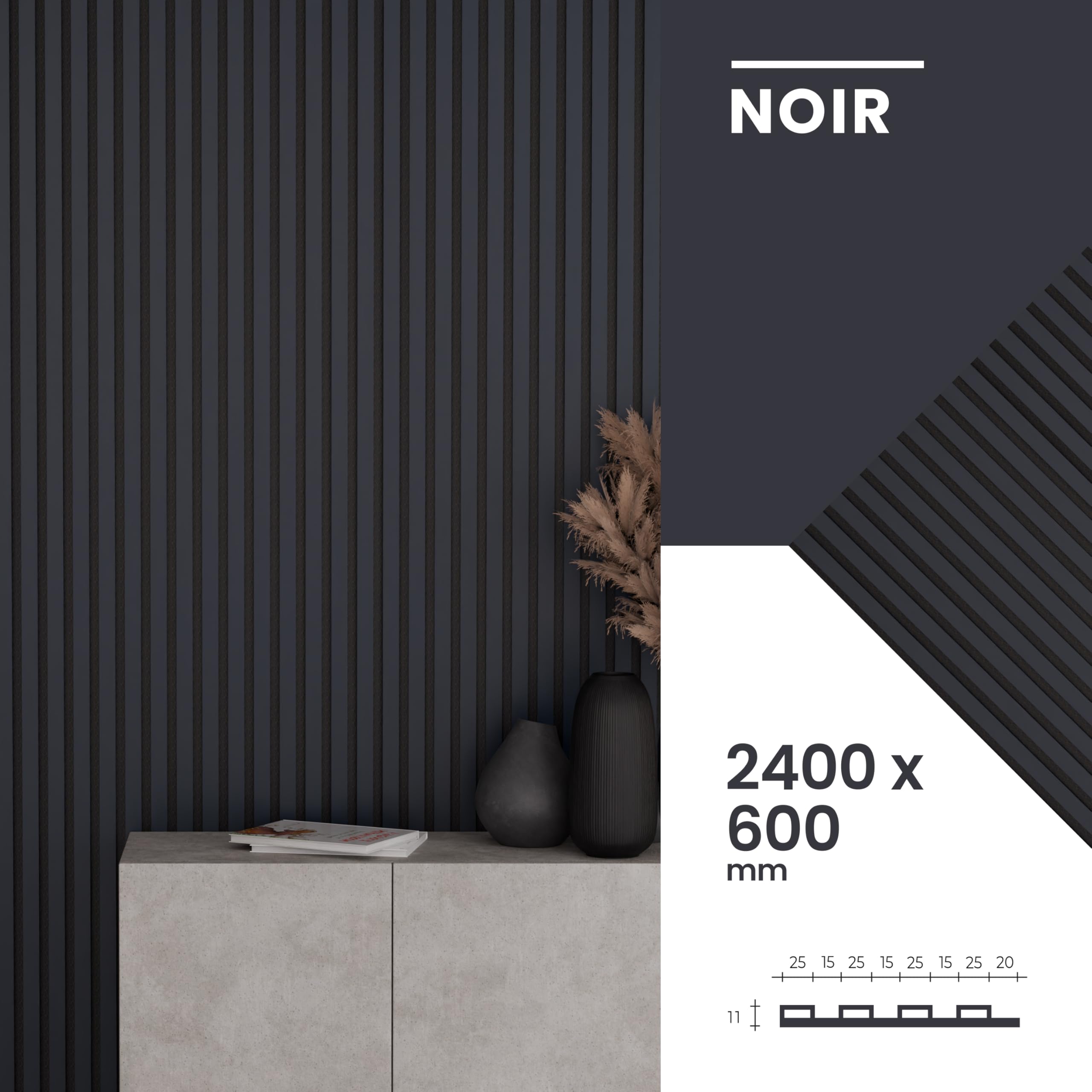 Panneaux Acoustiques Tasseaux Bois – Noir Mat – 240 x 60 cm – 11 mm – Lot de 4 – 5,76 m² – Décoration Murale & Isolation Phonique