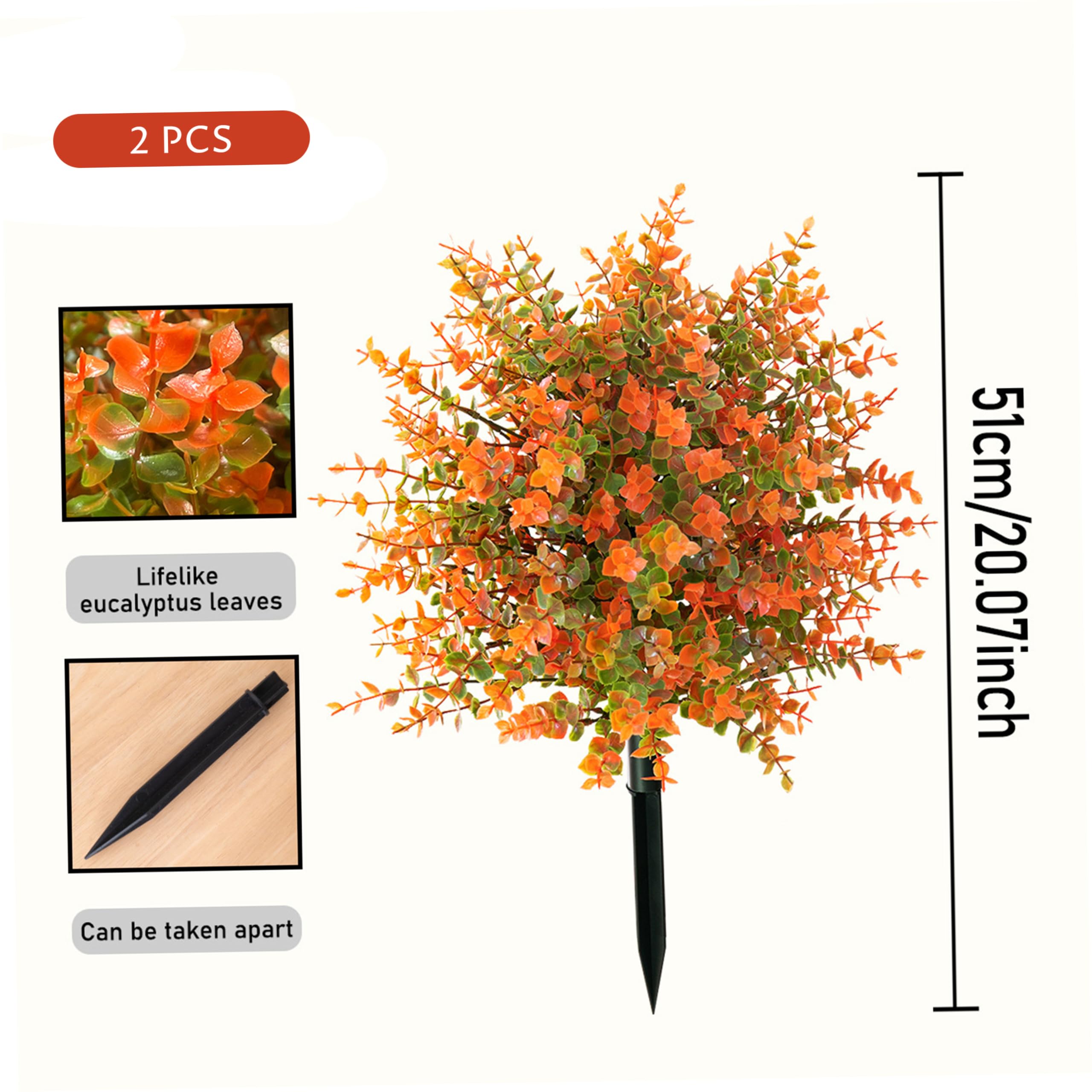 Confezione da 2 arbusti artificiali da esterno Decorazioni per Halloween da esterno - Pali floreali autunnali con foglie di eucalipto e fiori d'arancio arancioni
