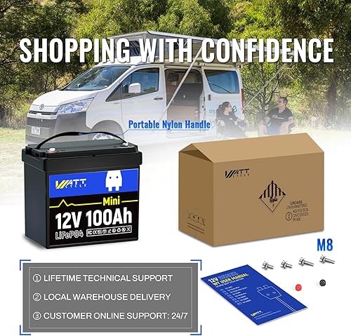 Miniatura 8 de WattCycle - Mini batería de litio LiFePO4 de 12 V 100 Ah, BMS integrado de 100 A, 15 000 ciclos profundos, 1280 Wh, protección a baja temperatura,