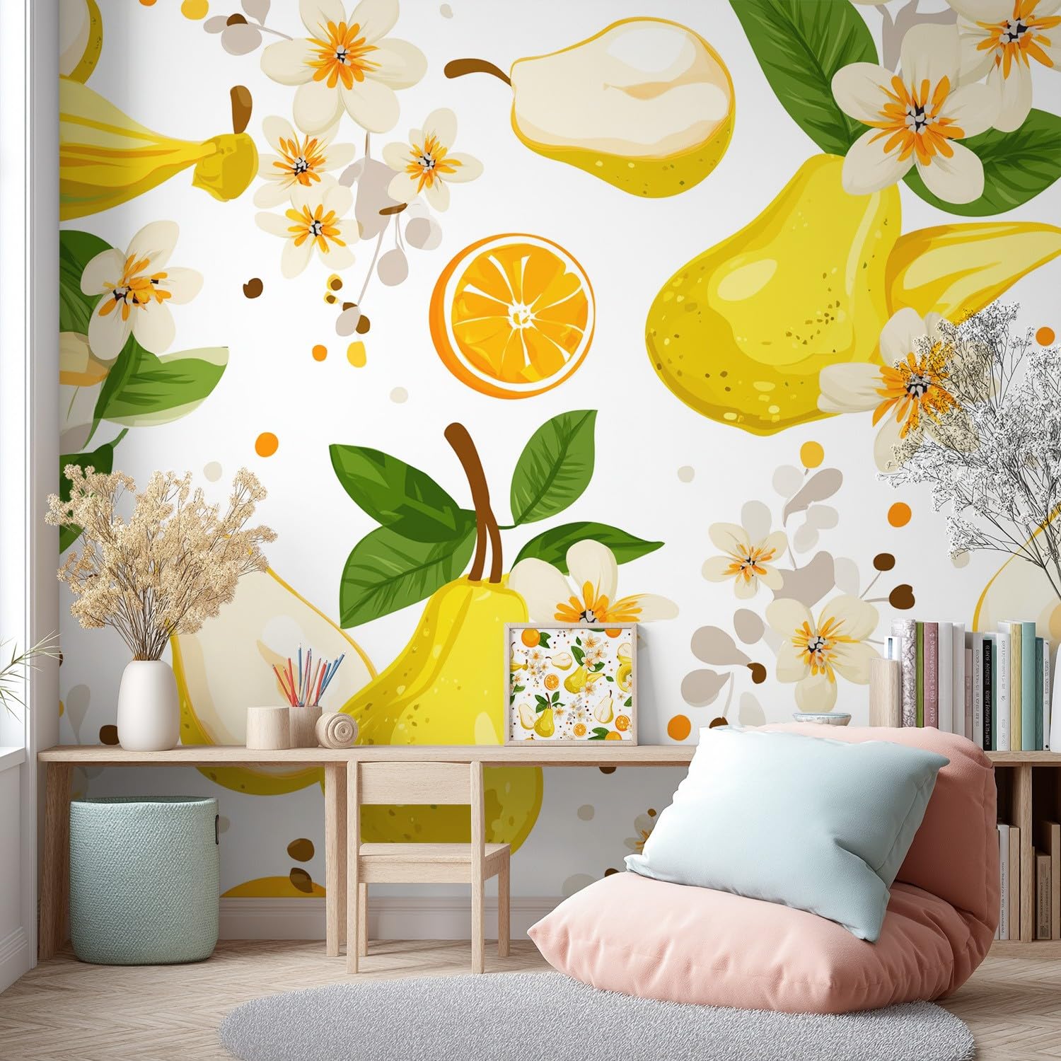 Generisch Tapete Nordisch, Frisch, Früchte - Gelbe Birne, Orange, Blumenmuster Muster- Vliestapete Wand Deko Mustertapete Modern Wandtapete Wanddeko - Motivtapeten - 300 x 210 cm