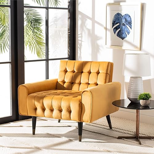 Safavieh Home Amaris Retro Glam Marigold Velvet and Black Tufted Accent Silla