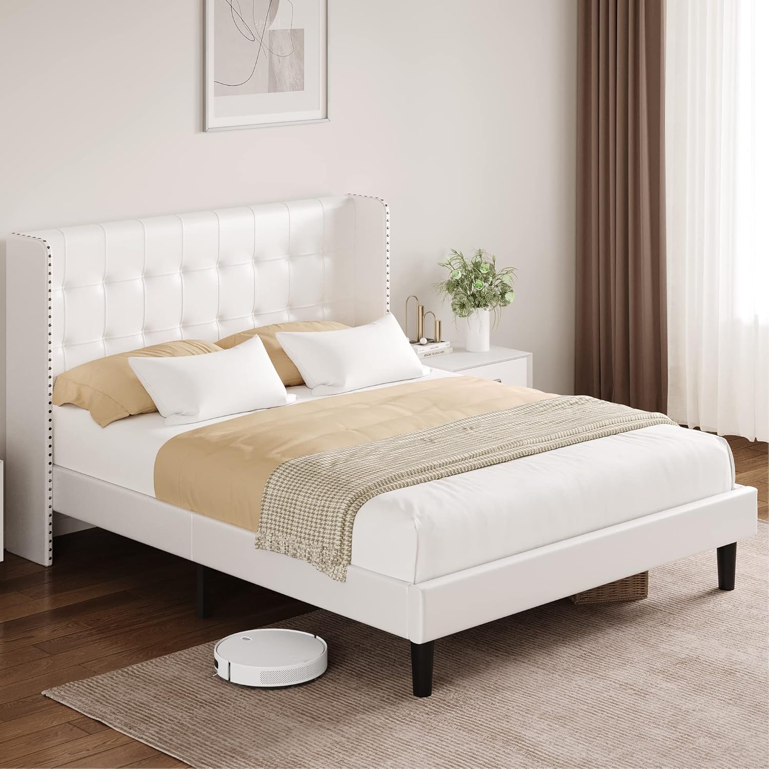 Full Size Platform Bed Frame, Faux Leather Upholstered Bed