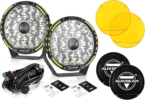Auxbeam Kit combinado de luces redondas para todo terreno de 9 pulgadas con cubiertas amarillas y negras, 270 W 37776 lúmenes, luz de conducción LED