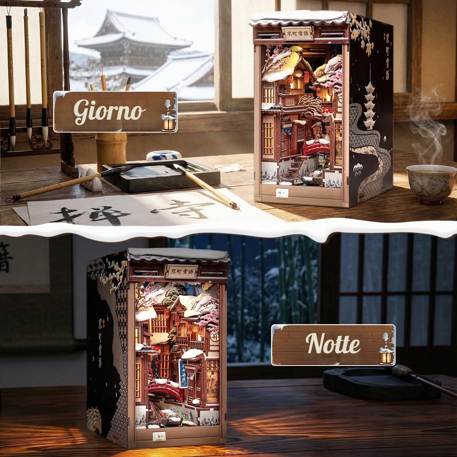 CUTEBEE Book Nook Kit - Casa delle bambole fai da te da costruire per adulti, puzzle 3D in legno con LED, scena invernale a Kyoto, decorazione per biblioteca, regali fatti a mano (Kyoto Snow Whisper)
