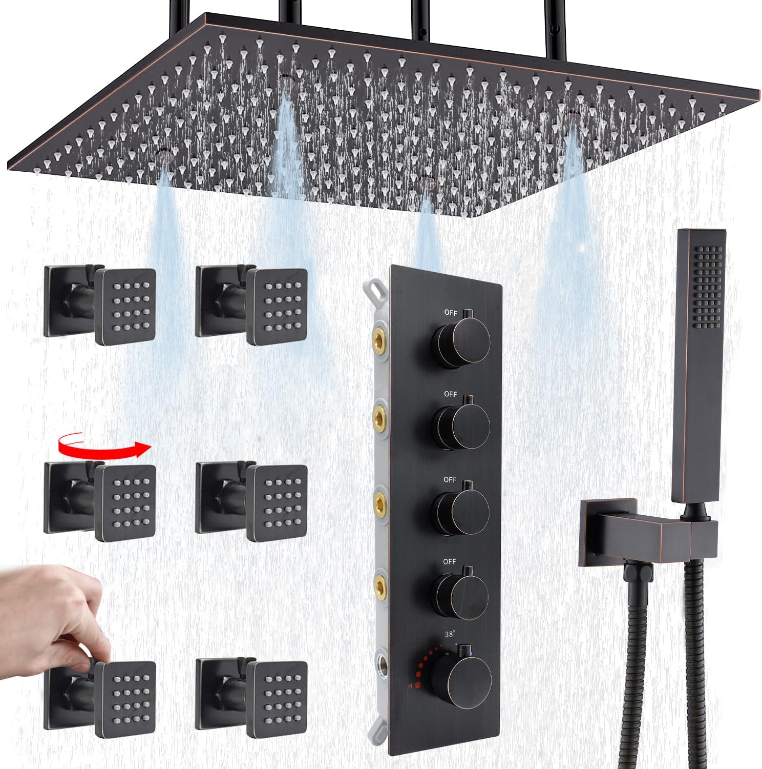 Rain Shower System Black Full Body Thermostatic Shower Head System with Flow-Adjustable Body Jets, Rain Fog Overhead Shower and Handheld Spray,Oil-Rubbed Bronze,16 Inch +6 Jets