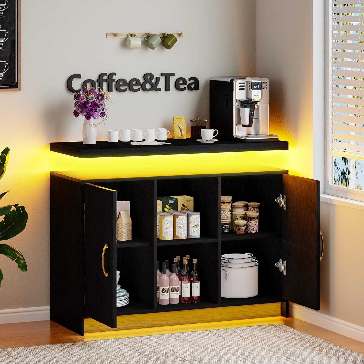 4 EVER WINNER Coffee Bar Cabinet with LED, Sideboard Buffet Cabinet with Storage, Coffee Station Cabinet with Charging Station, Black Coffee Bar for Kitchen, Dining Room