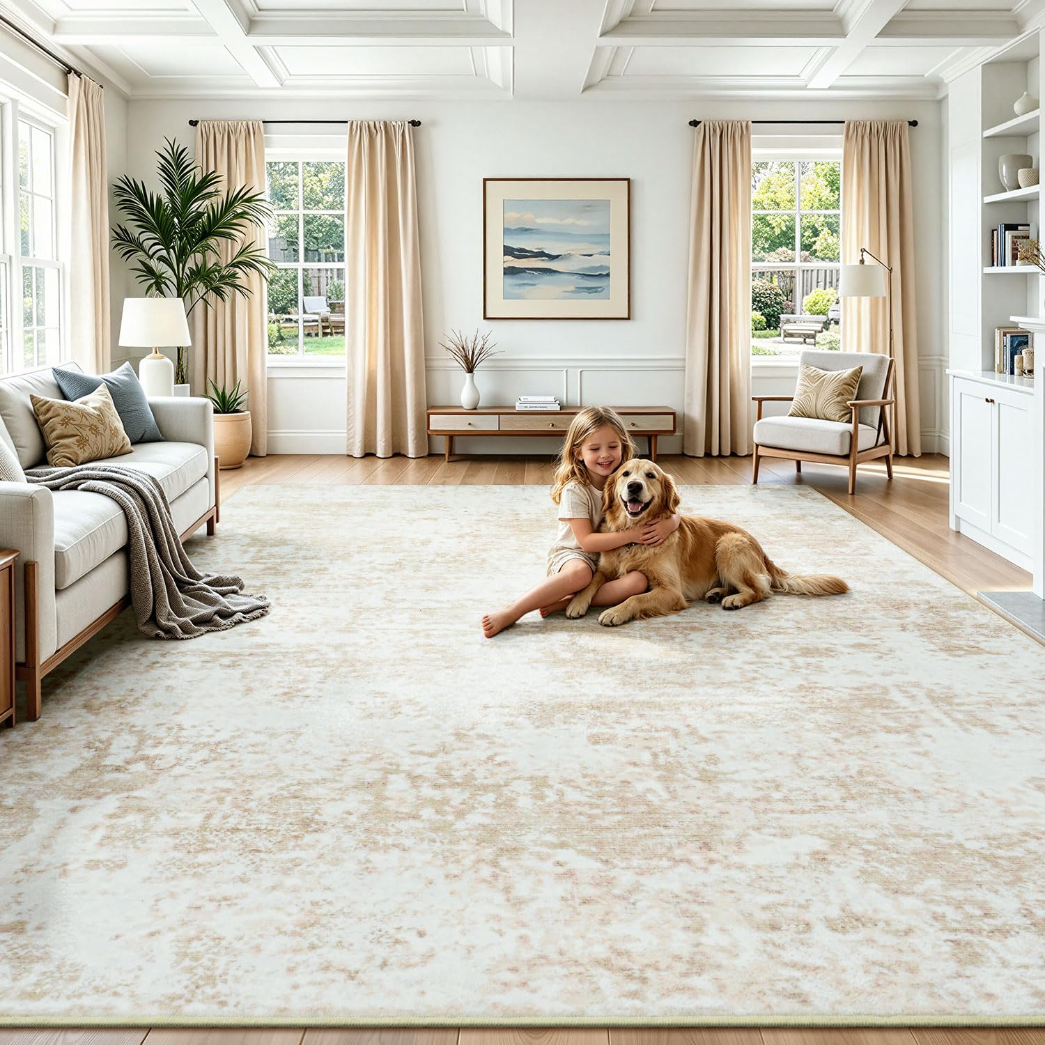 Photo 1 of Lessymo 9x12 Beige Washable Area Rug for Living Room, Non-Slip & Ultra-Soft