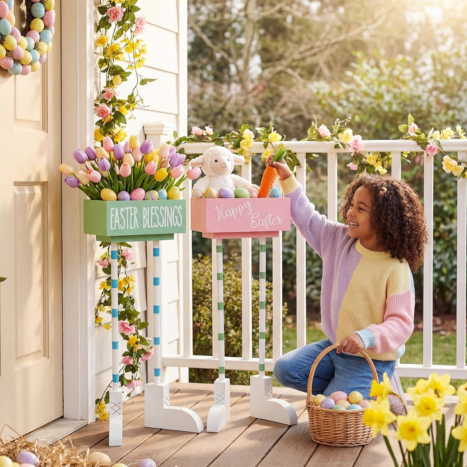 FillTouch 2 Set Outdoor Easter Porch Decorations 30 Inch, Wooden Standing Planter Box with Bunny Feet, Easter Egg Holder Large Planter Spring Entryway Decor for Front Door Farmhouse Indoor Holiday