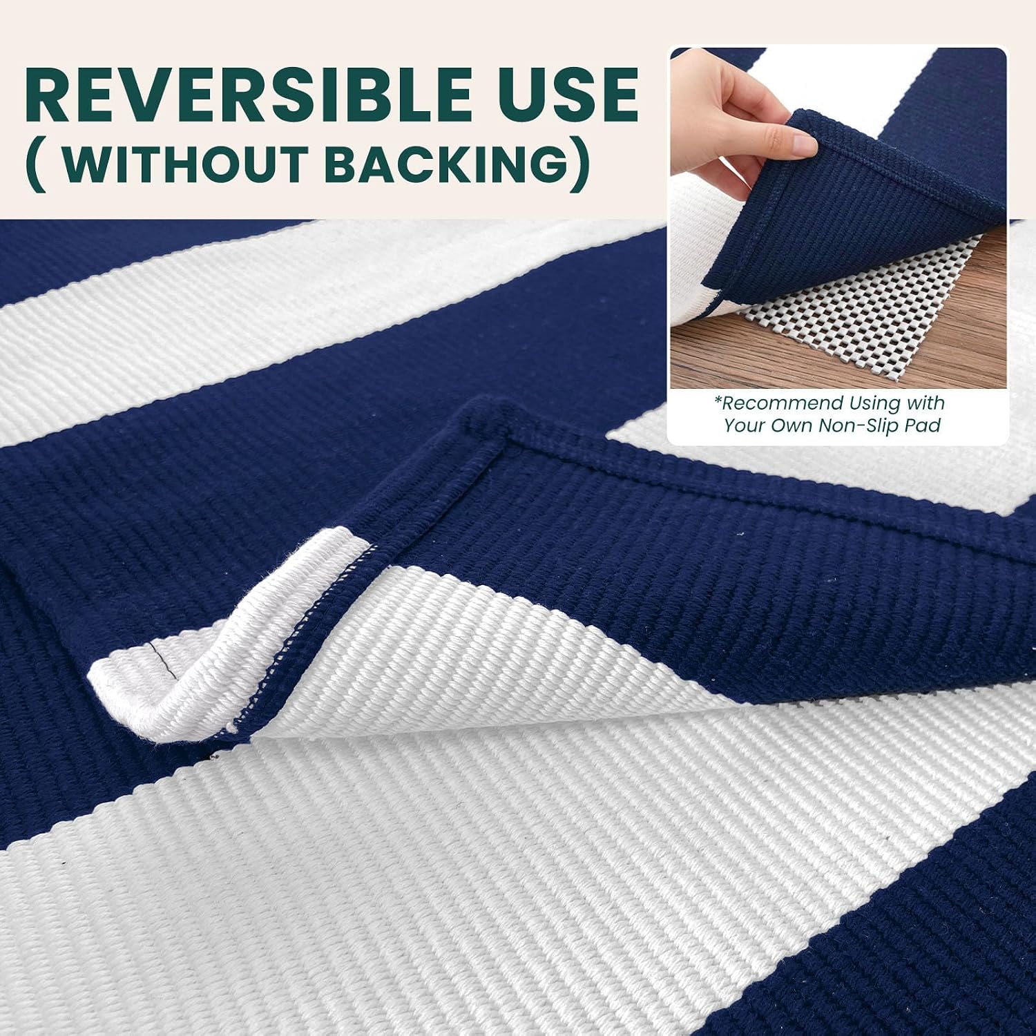 KOZYFLY Striped Rug 2.3x3.6 ft Navy White Front Door Rugs Cotton Woven Washable Indoor Outdoor Rug for Entryway Porch Kitchen Patio Decor Striped Layered Doormats