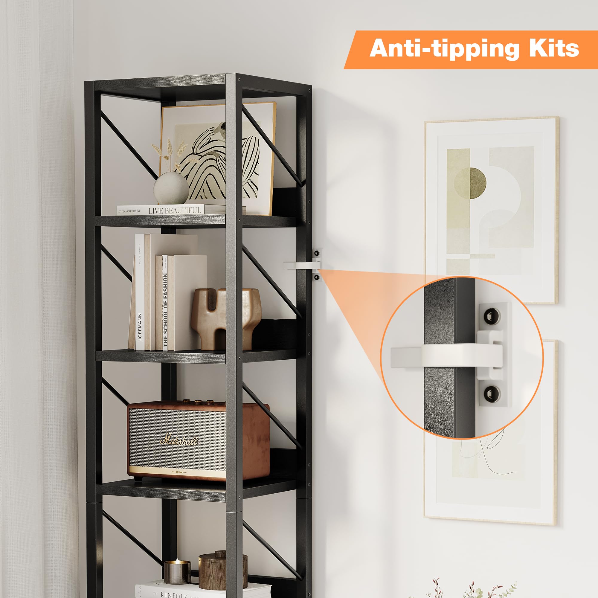 Schmales hohes Bücherregal, 6 Ebenen Standregal im Industrial-Design – Metallrahmen – verstellbare Füße – Anti-Kipp-Set – platzsparend für Wohnzimmer/Schlafzimmer/Home Office, Schwarz