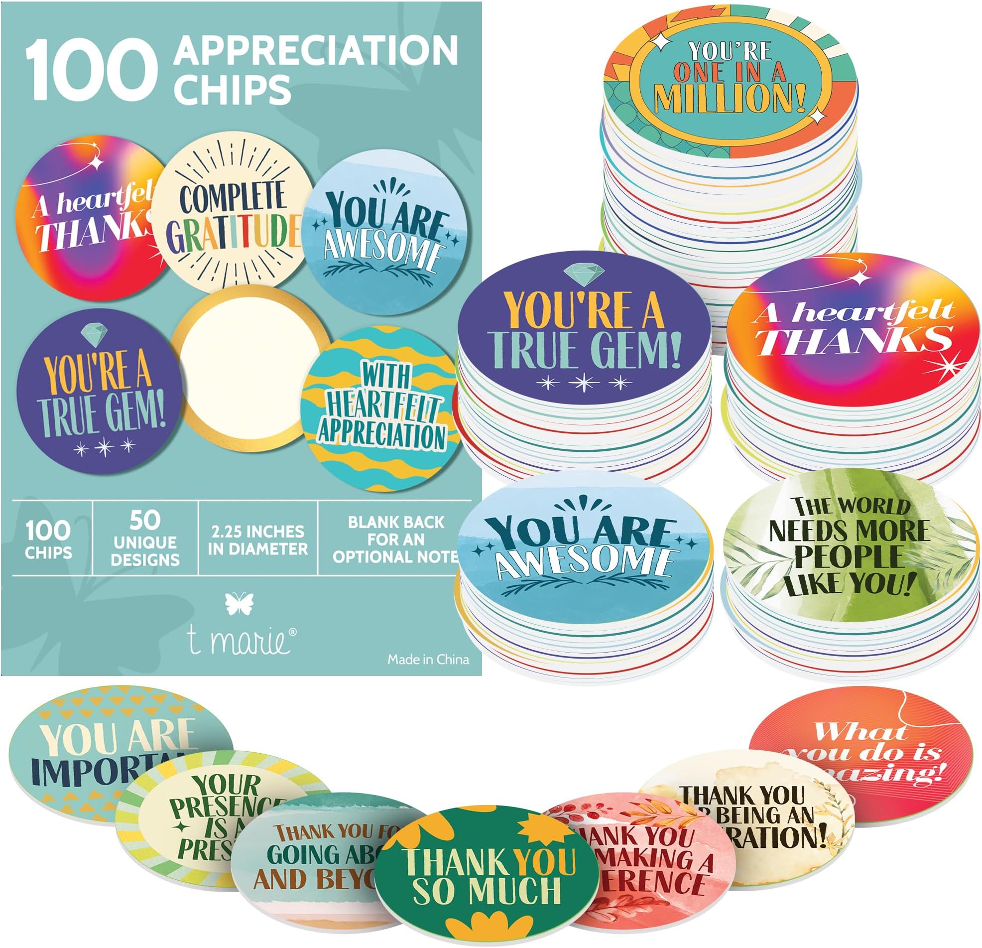 T MARIE 100 Positive Affirmation Chips with 50 Motivational, Encouragement, Inspirational and Kindness Sayings for Students, Teachers, Employee, Nurse and More