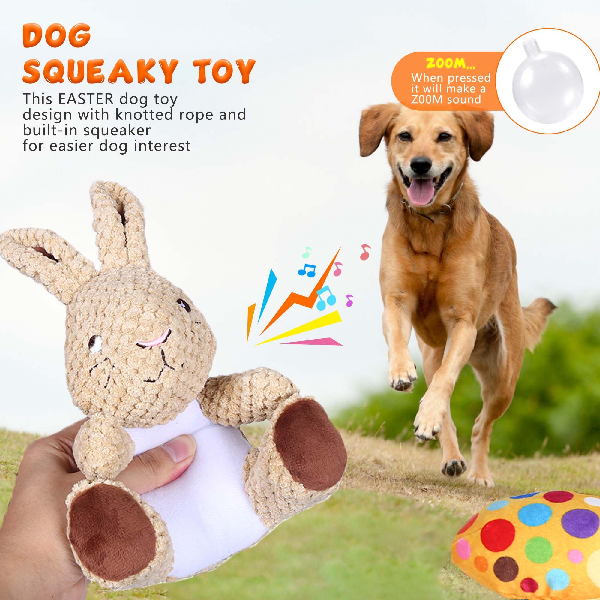 Quietschspielzeug für Osterhunde (2 Stück), Kaninchen und Eier – 21,6 cm Plüsch-Hundespielzeug mit Quietscher, Baumwollmaterial, tägliche Unterhaltung & Linderung von Angst, Kauspielzeug für