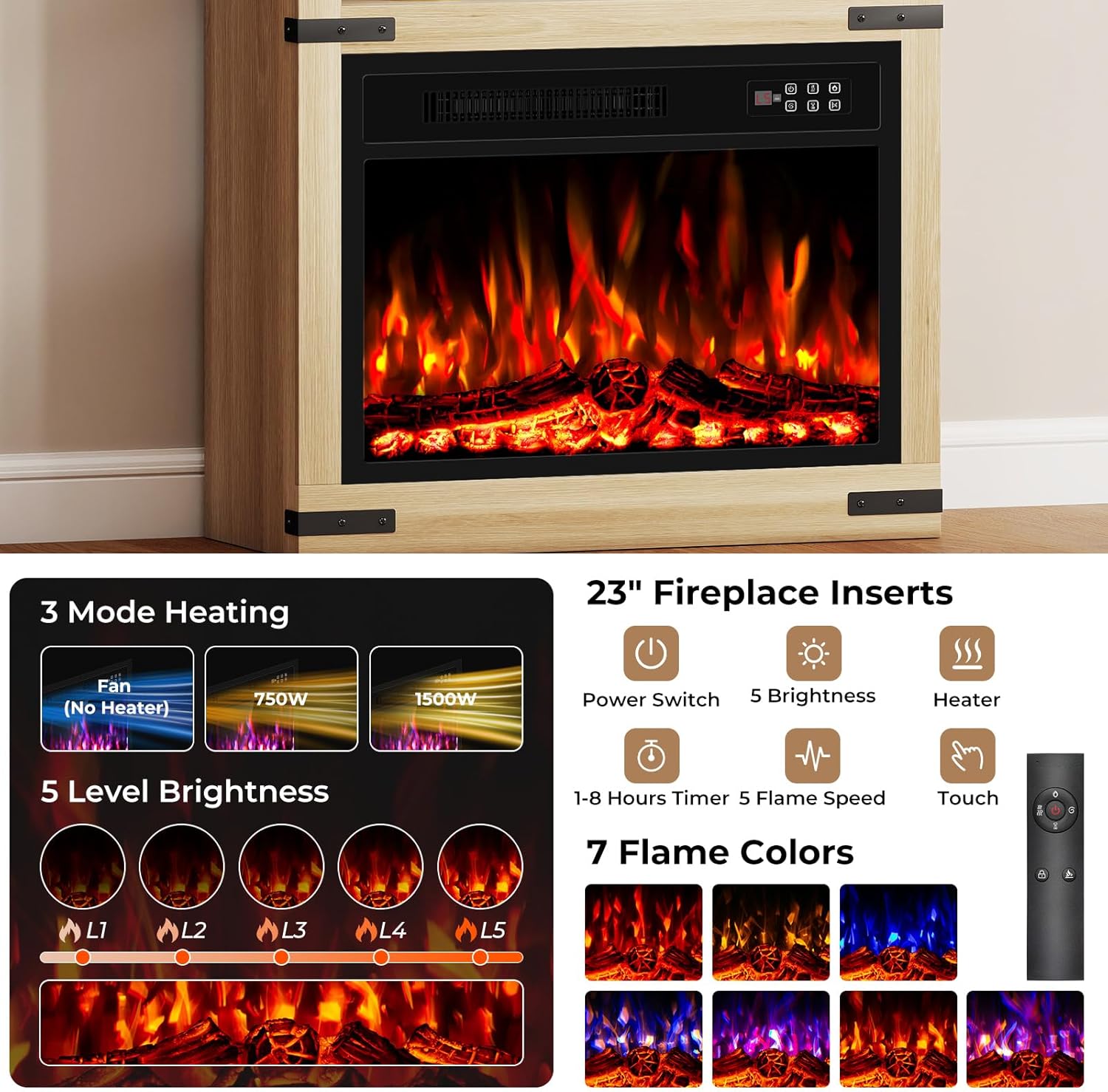 BREEZEHEAT 23 Inch Electric Fireplace with Bookcase, 70" Tall Arched Bookshelf w/LED Light, Timer, Realistic Flame Effect, Modern Storage Accent Bookshelf for Home, Office, Living Room, Natural Oak