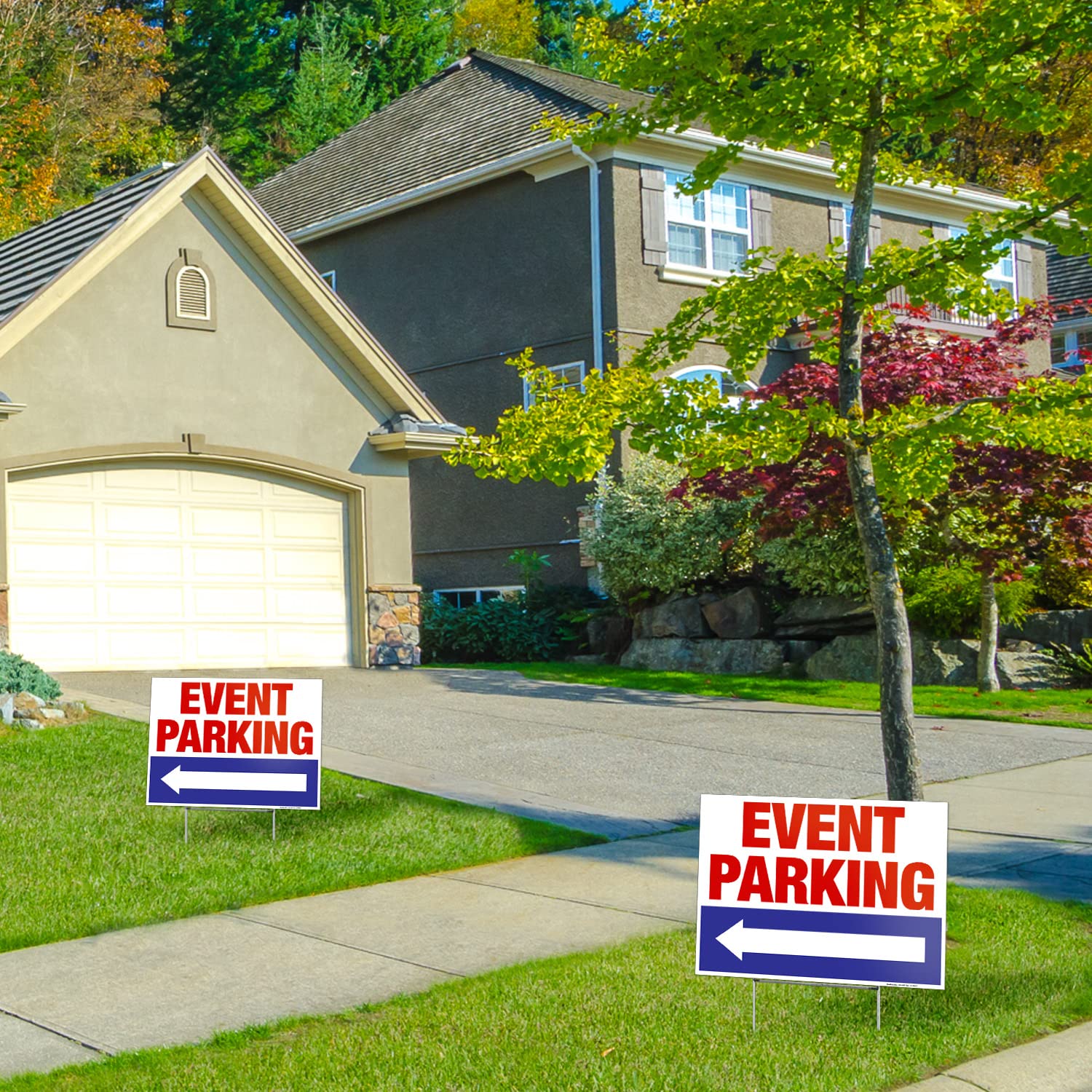 Event Parking With Left Arrow Sign, (2 Pack) Double Sided 12x18 Inches, Corrugated Plastic with Metal H Stake, Made in USA by Sigo Signs