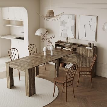 Folding Dining Table Wood Expandable Dining Table for Small Spaces Extendable Dinner Table Space Saving Rectangle Kitchen Table with Storage Sideboard Cabinet for Dining Room Dark Oak