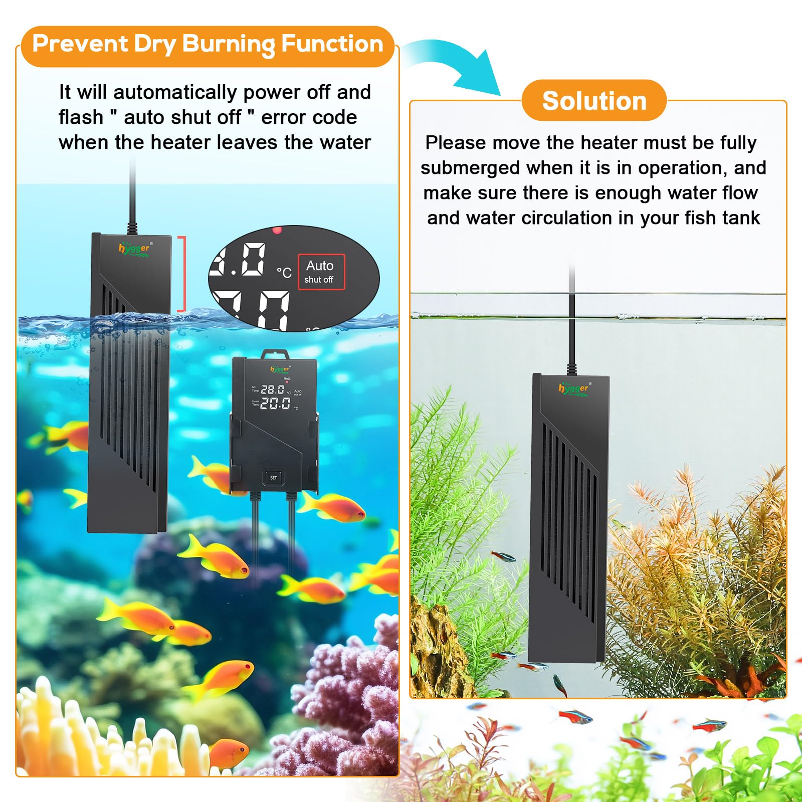 hygger Submersible Chauffage Aquarium,1000W Réglable Aquarium Heater Fish Tank Heater avec Digital Display Controller Chauffage Aquarium Tortue de 492-984L Freshwater Tanks