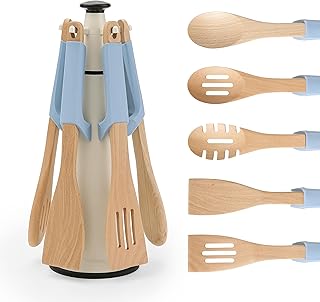 Chef’s Path Wooden Cooking Utensils Set – 5-Piece Beech Wood Kitchen Utensils Set with Silicone Spoon Rest, Wooden Spatula, Serving Spoon, Wooden Spoons for Cooking & Rotating Utensil Holder, Blue