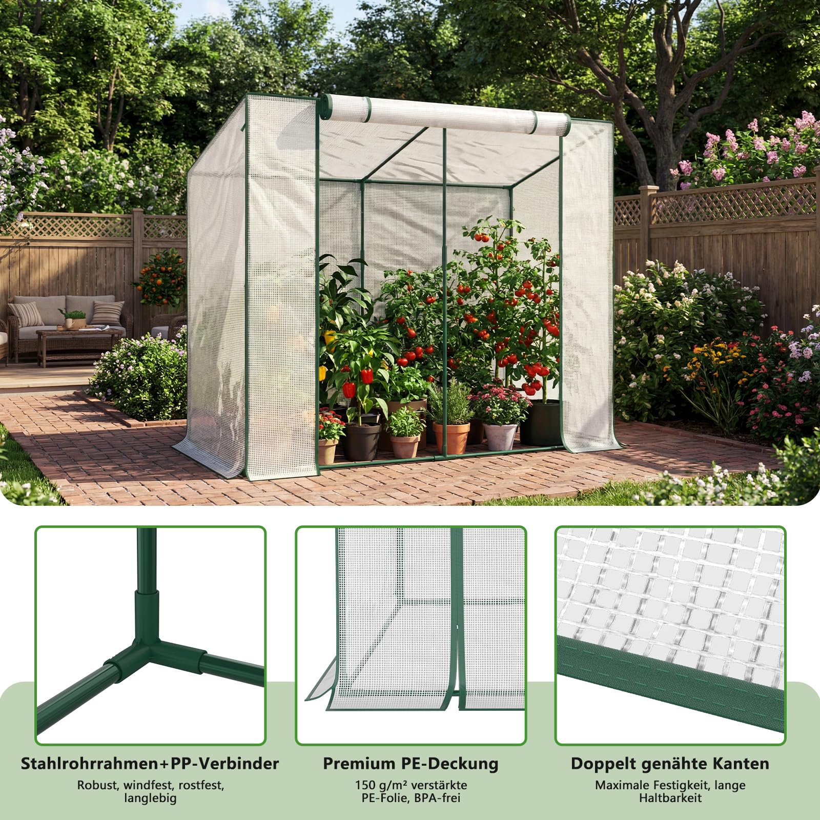SUNYRISY Tomaten Gewächshaus Klein Foliengewächshaus 200x100x170 cm, Tomatenhaus Tomatenzelt mit Tomatendach, Greenhouse mit Rollentür und Windschutzseil für Balkon Outdoor, Weiß