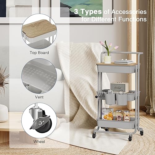 Vista 32 de DTK Carrito utilitario rodante de 3 niveles con tapa superior, carrito de almacenamiento de cocina móvil con ruedas bloqueables, tazas, ganchos