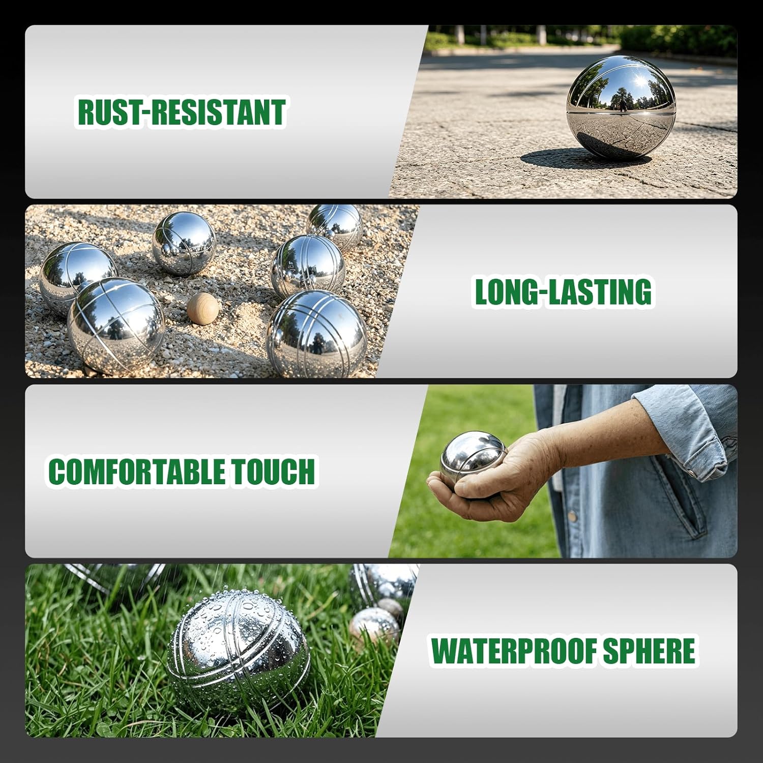 WodGod Petanque Game Set – 6 Stainless Steel Balls with Carry Case, Target Ball & Measuring String, Classic Petanque Game Set for Lawn, Beach & Backyard – Outdoor Family Bocce Ball Fun