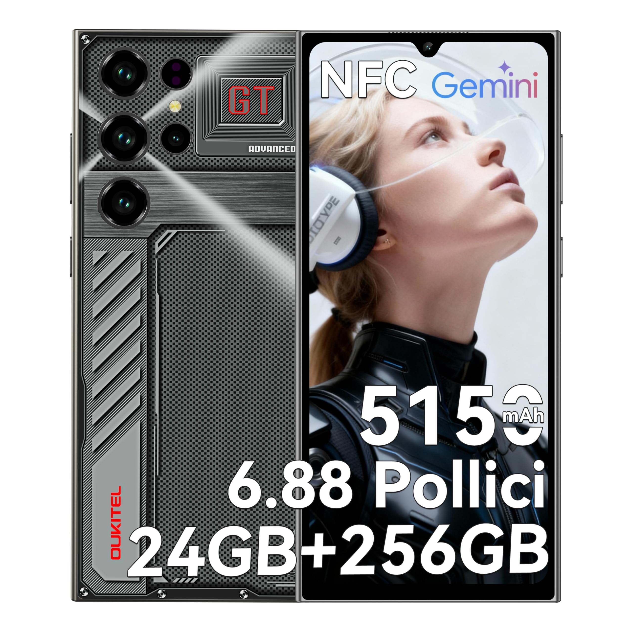 OUKITEL C61 GT Smartphone Android 2026, 24GB RAM+256GB ROM Telefono, Display 6,88" HD+ 90Hz Cellulare 5150mAh, 13MP+5MP 4G Dual SIM Cellulari e Smartphone NFC/Face ID/Fingerprint/OTG - Nero