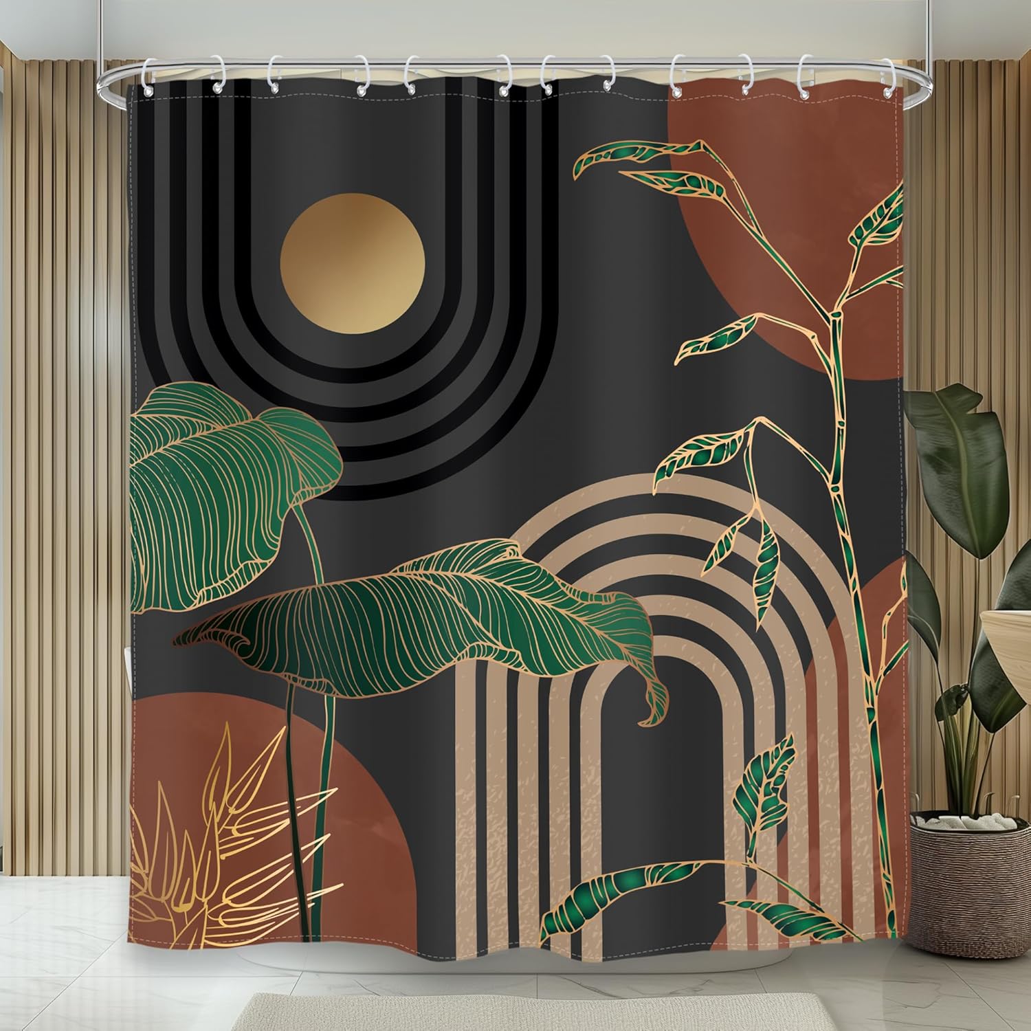 Glawry Dark Abstract Extra Long Shower Curtain Boho Mid Century Retro Tropical Palm Tree Sun Brown Modern Bathroom Simple Geometric 72Wx84L Inches Bath Accessories Art Home Decor Fabric 12 Pack Hooks