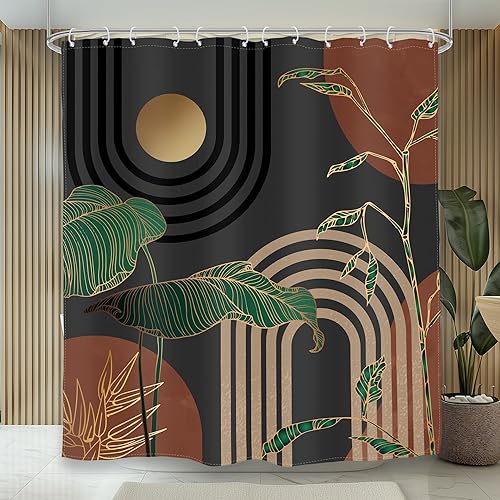Miniatura 2 de Glawry Cortina de ducha abstracta marrón de mediados de siglo, estilo bohemio, retro, tropical, palmera, arco solar, moderno, estético, geométrico,