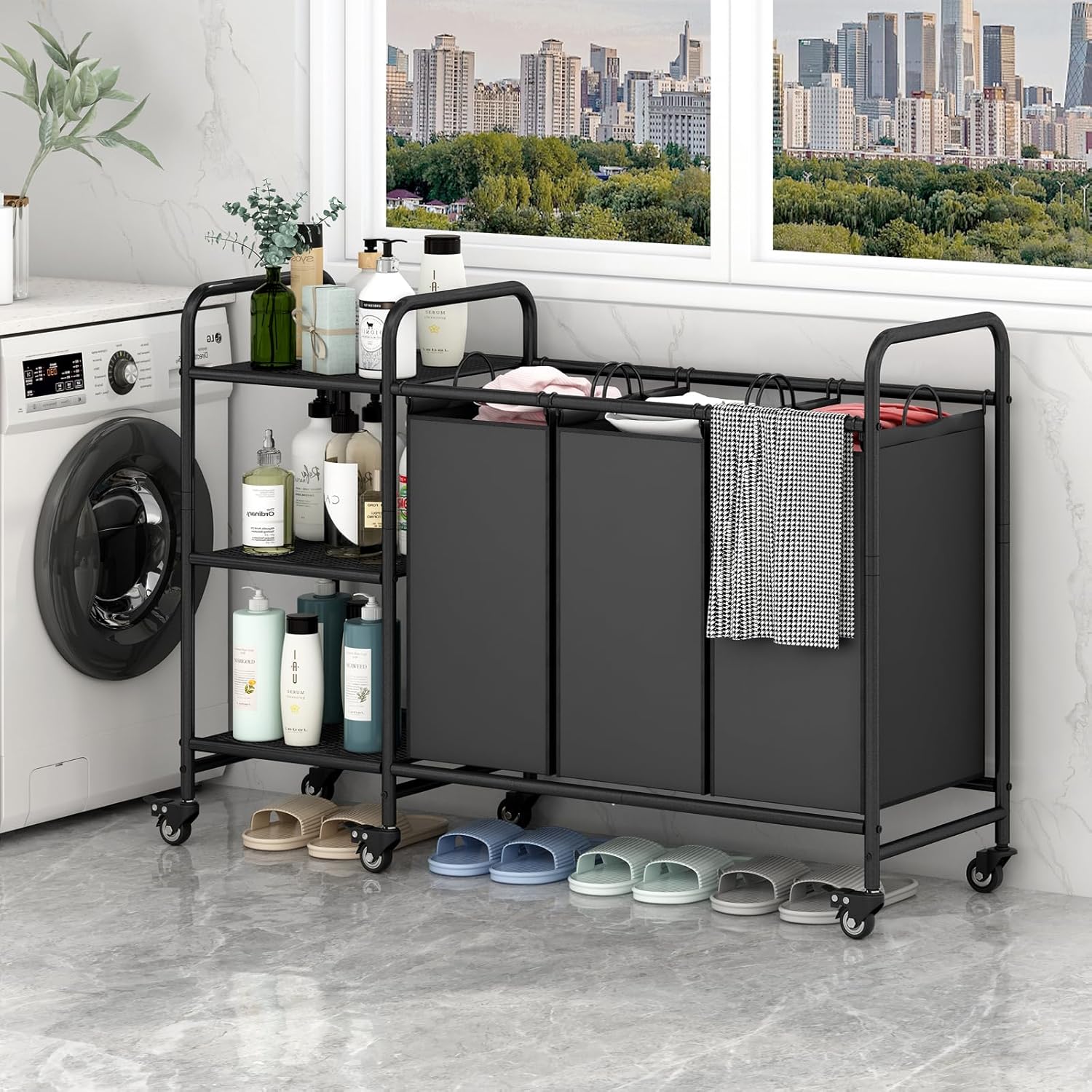 Black Iron 3-Bag Laundry Sorter with Wheels and Storage Shelf