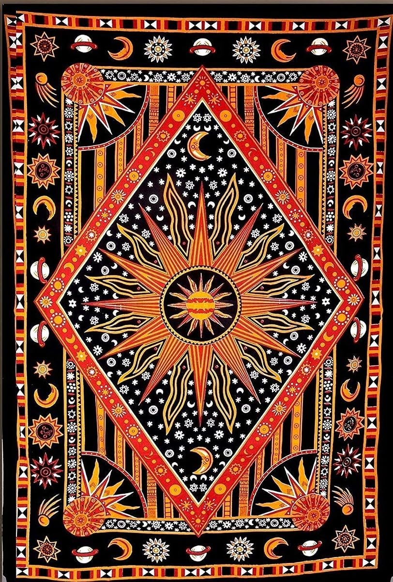 Burning Sun Tie Dye Tapestry, Celestial Sun Moon Star Planet Bohemian Poster Tapestry Tarot Wall Hanging Boho Hippie Hippy Beach Coverlet Curtain (Orange, 30"X40")