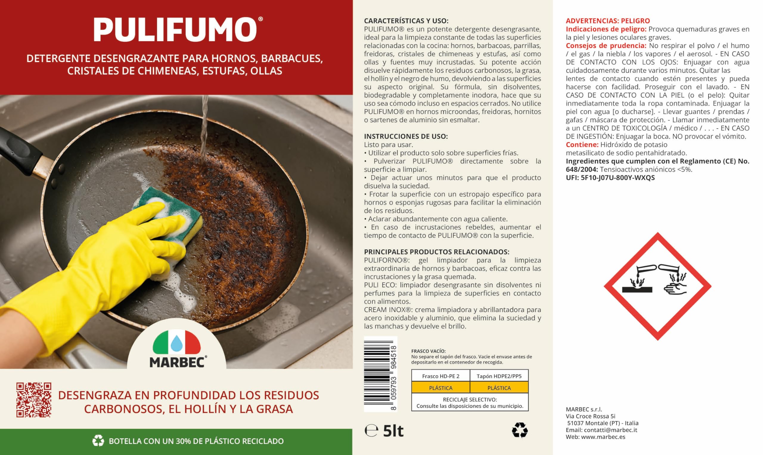 MARBEC PULIFUMO® 5LTX4Uds Detergente spray desengrasante fuerte para limpieza ordinaria de hornos, barbacoas, estufas y bandejas para hornear