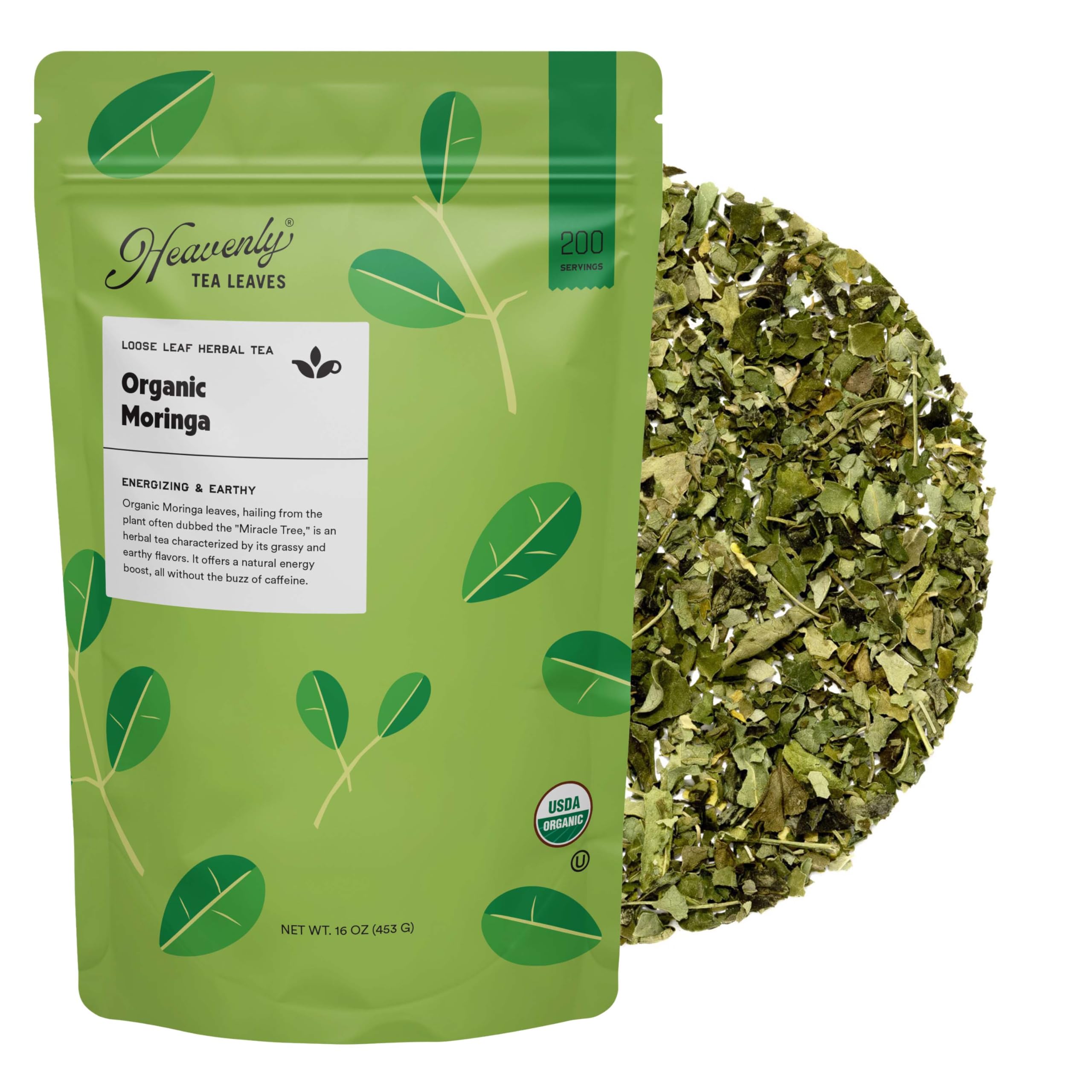 Heavenly Tea Leaves Organic Moringa, Bulk Loose Leaf Herbal Tea, 1 Lb. (Approx. 200 Servings) - Green Superfood, Nutrient Dense, Plant Protein, Rich in Antioxidants and Immune Vitamin