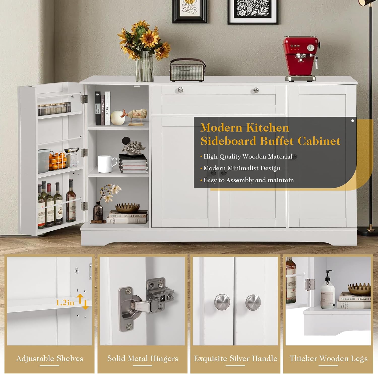 54" Buffet Cabinet with Drawer, Modern Kitchen Pantry Sideboard Storage Cabinets with 4 Doors and Adjustive Shelves, Coffee Bar Cabinet Buffet Table with Large Storage for Living Room (White)