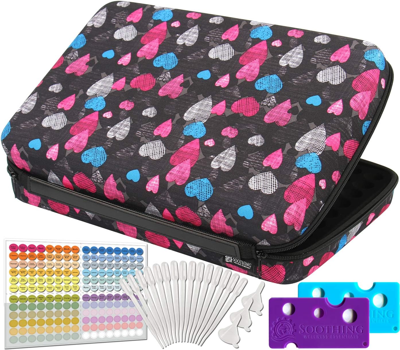 104 Bottle Huge Essential Oils Organizer Protects 5ml, 10ml and 15ml Oils - The Perfect Hard Shell Exterior Storage Case for Your Therapeutic Aromatherapy Essential Oils Collection (Black Hearts)