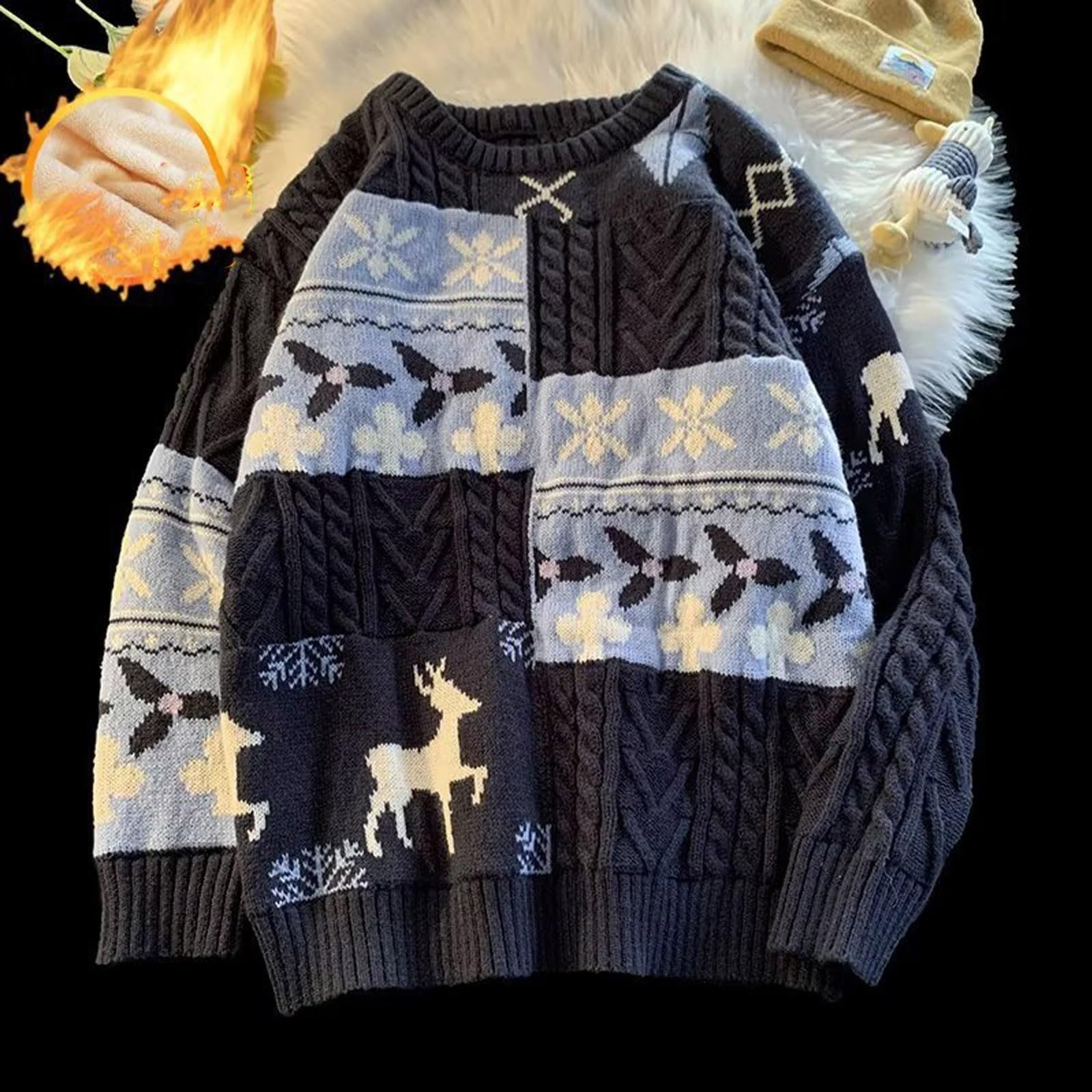 Maglione da uomo senza cappuccio, maglione invernale, maglione natalizio a maglia, maglione lavorato a maglia, in jacquard, caldo e divertente per le vacanze