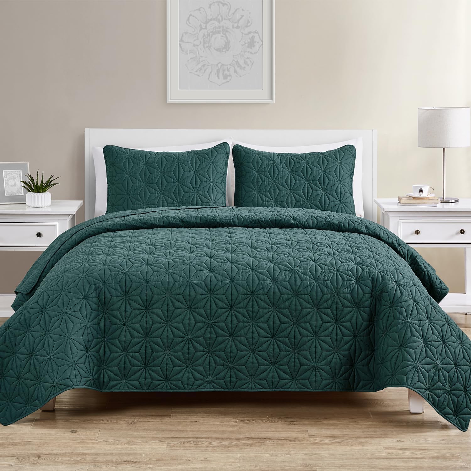 Full Green Microfiber Reversible Geometric Quilt Set