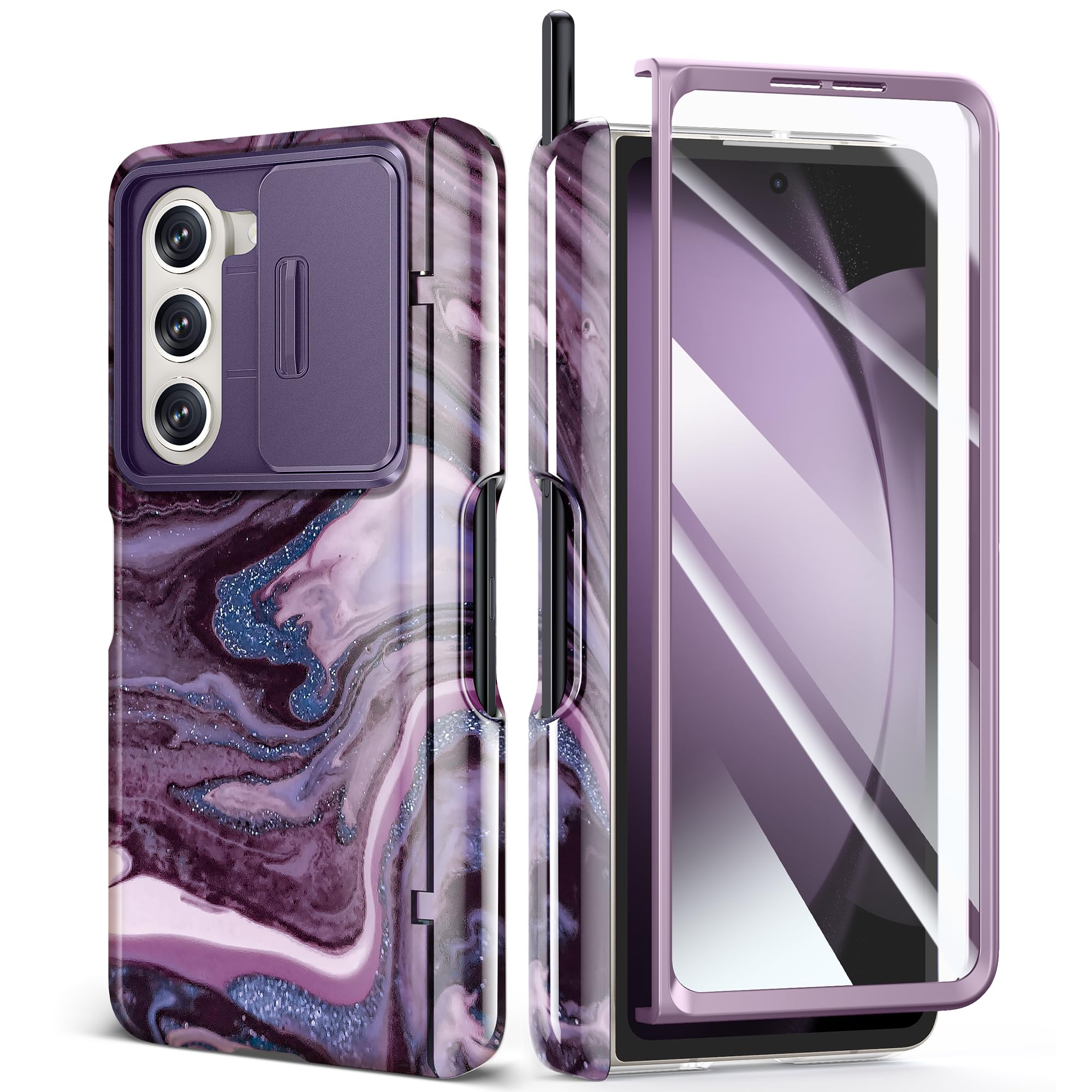 GVIEWIN Marble for Samsung Galaxy Z Fold 5 Case, with Built-in S Pen Slot, Slide Camera Lens Cover, Screen Protector, Hinge Protection, Full Body Protection Phone Case 2023 (Quicksand/Purple)