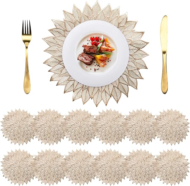 Peohud 12 Pack Gold Placemats, Pressed Vinyl Table Mats, Wedding Accent Centerpiece Placemats for Dinner Table Decor, 15 Inch