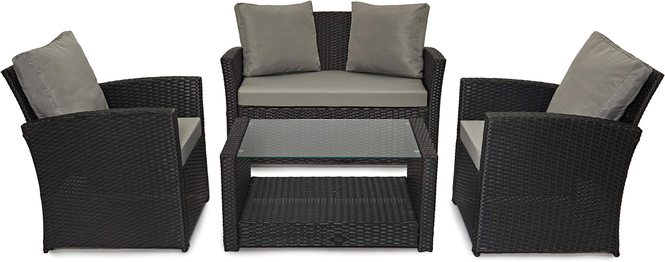 4 Seater Rattan Garden Conservatory Patio Furniture Sofa Armchair Roma Set with Glass Top Coffee Table Wicker Weave Sofa and Cushions (Black)