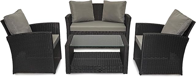EVRE 4 Seater Rattan Garden Furniture Sofa Armchair Roma Set with Coffee Table Wicker Weave Conservatory (Black)