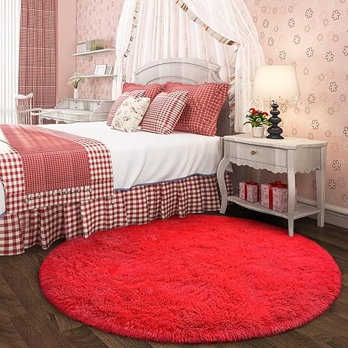 Miniatura 6 de Alfombra redonda roja para dormitorio de niñas, alfombra circular esponjosa de 4 x 4 pies para decoración de habitación de niños, alfombra circular
