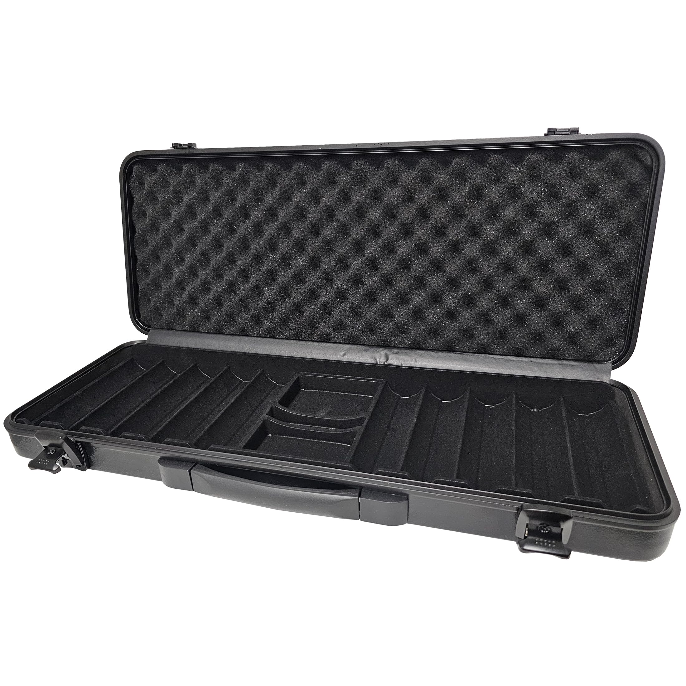 43 mm XL Poker-Chip-Etui (500 Stück) robuste schwarze Aktentasche für übergroße Chips – geformtes Tablett, Schaumstoff-gefütterter Deckel, Verriegelungsverschlüsse, Würfel-/Kartenaufbewahrung