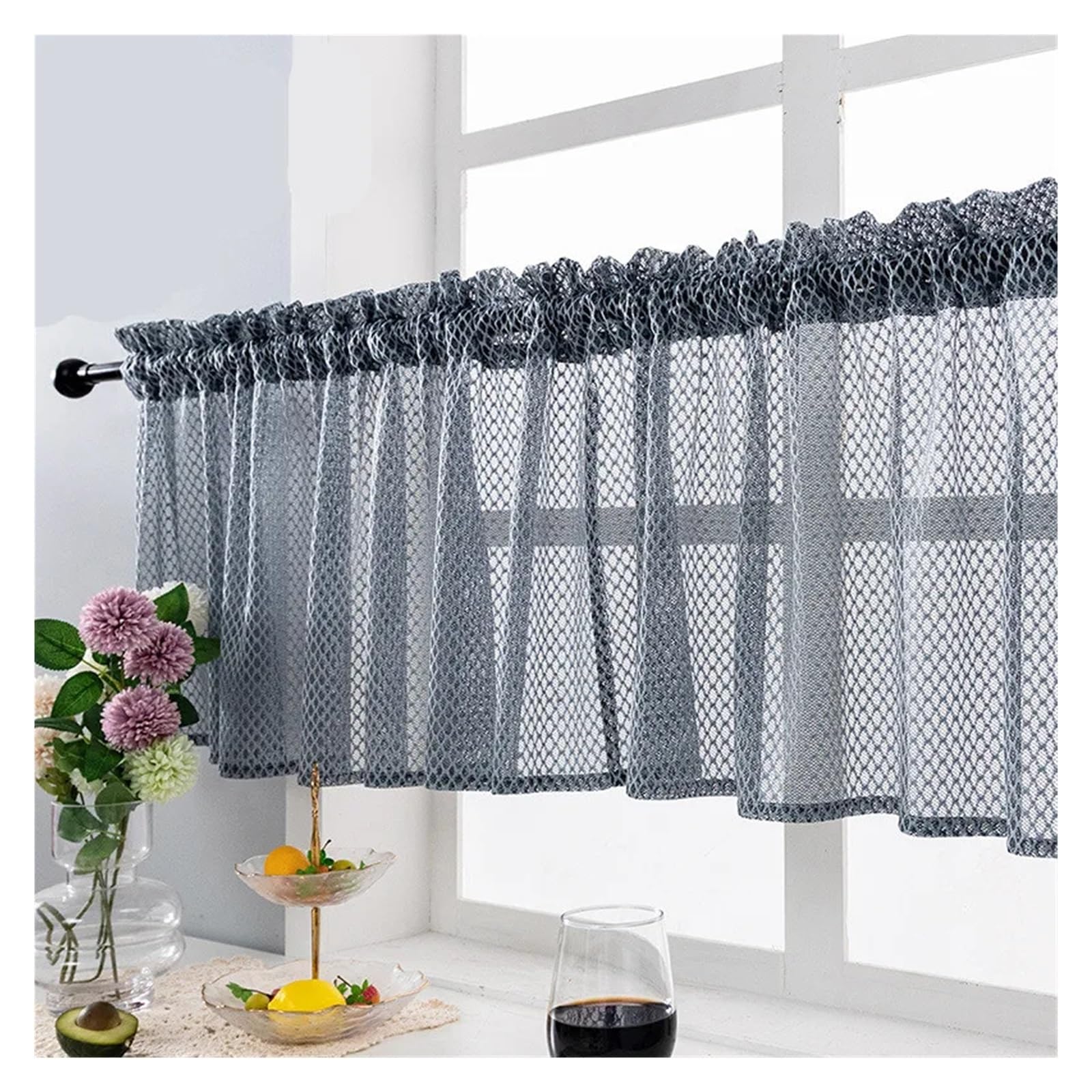MKYYIOED Short Curtains Pastoral Style Small Fresh Kitchen Coffee Curtain Pole Blue Lace Short Finished Product(Grey,ROD POCKET_W74XH90CM)