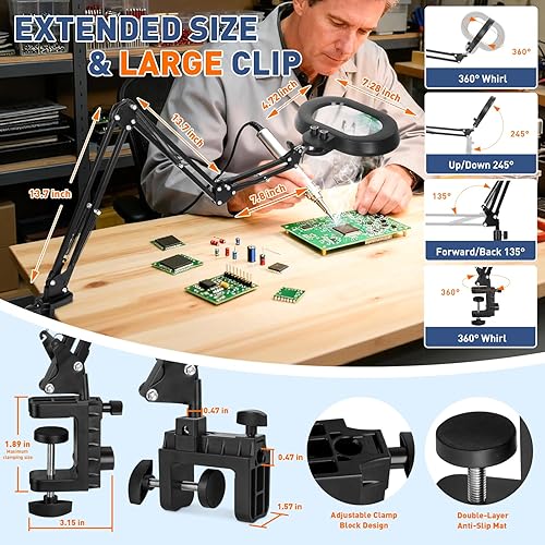 Miniatura 6 de KIRKAS Lupa de 12X con luz, rotación de tres ejes, lupa de brazo extra largo para banco de trabajo, reparación de manualidades, costura, lupa con