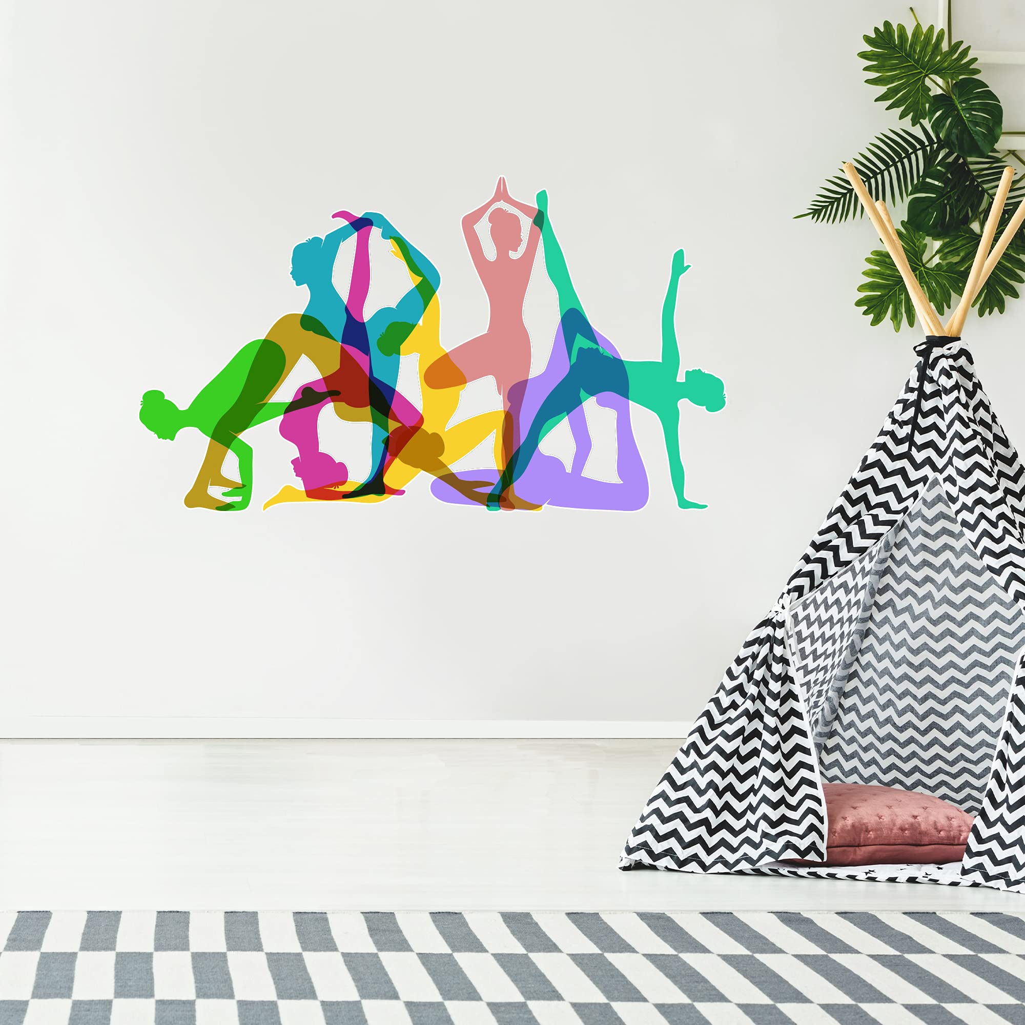 Beautiful Game Rainbow Yoga Poses Silhouette Wall Sticker Art Decal Gym Home Mural Exercise (60Cm Width X 35Cm Height)
