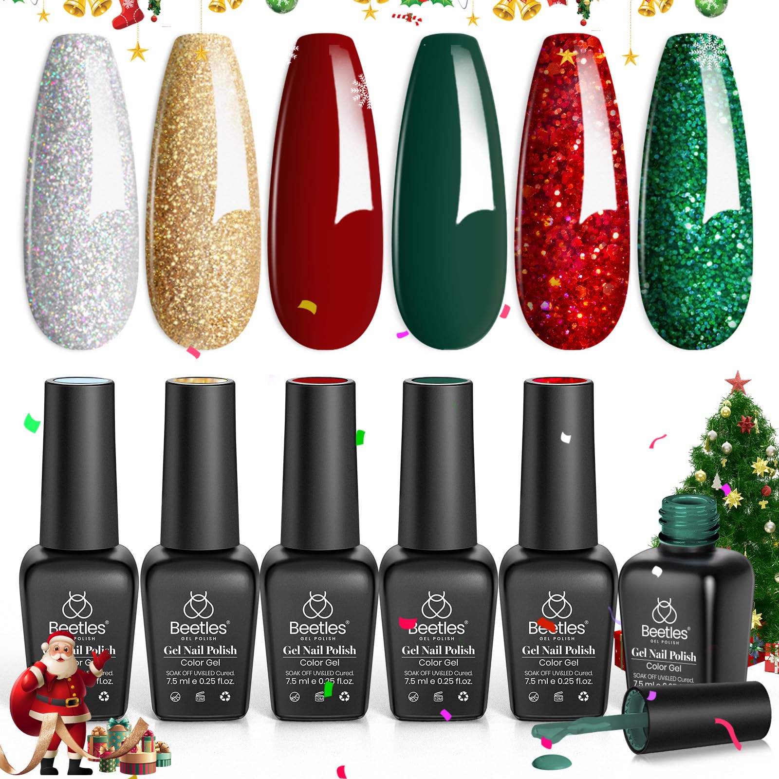 Beetles Christmas Gel Nail Polish, Red Sparkle Green Glitter Gold Silver Winter Gel Polish Dark Red Gel Polish Kits Soak Off Nail Lamp Uv LED Cured for Nail Art Design Gift for Women