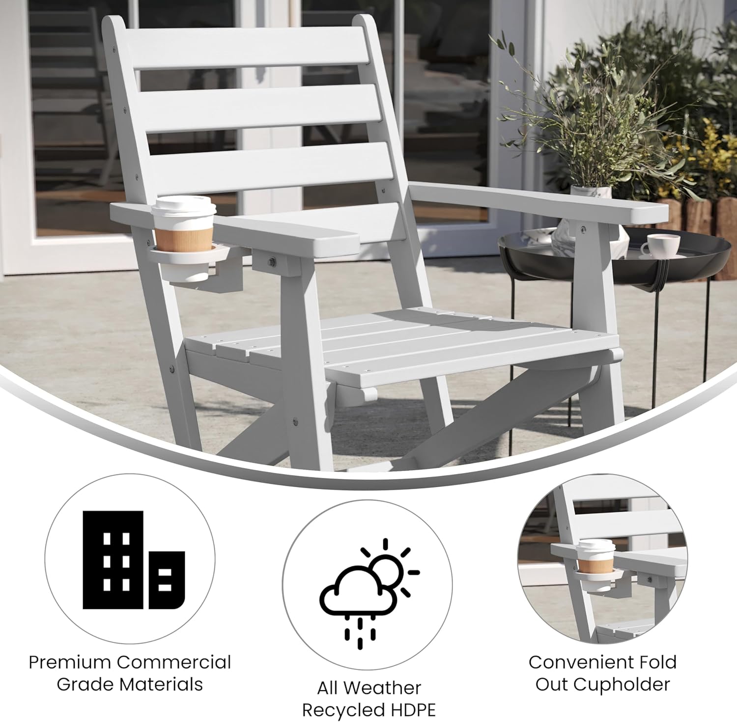 Flash Furniture Tolleson Adirondack Dining Chair with Cup Holder, Commercial Weather Resistant Recycled HDPE Adirondack Chair, Fold Out Cupholder, White