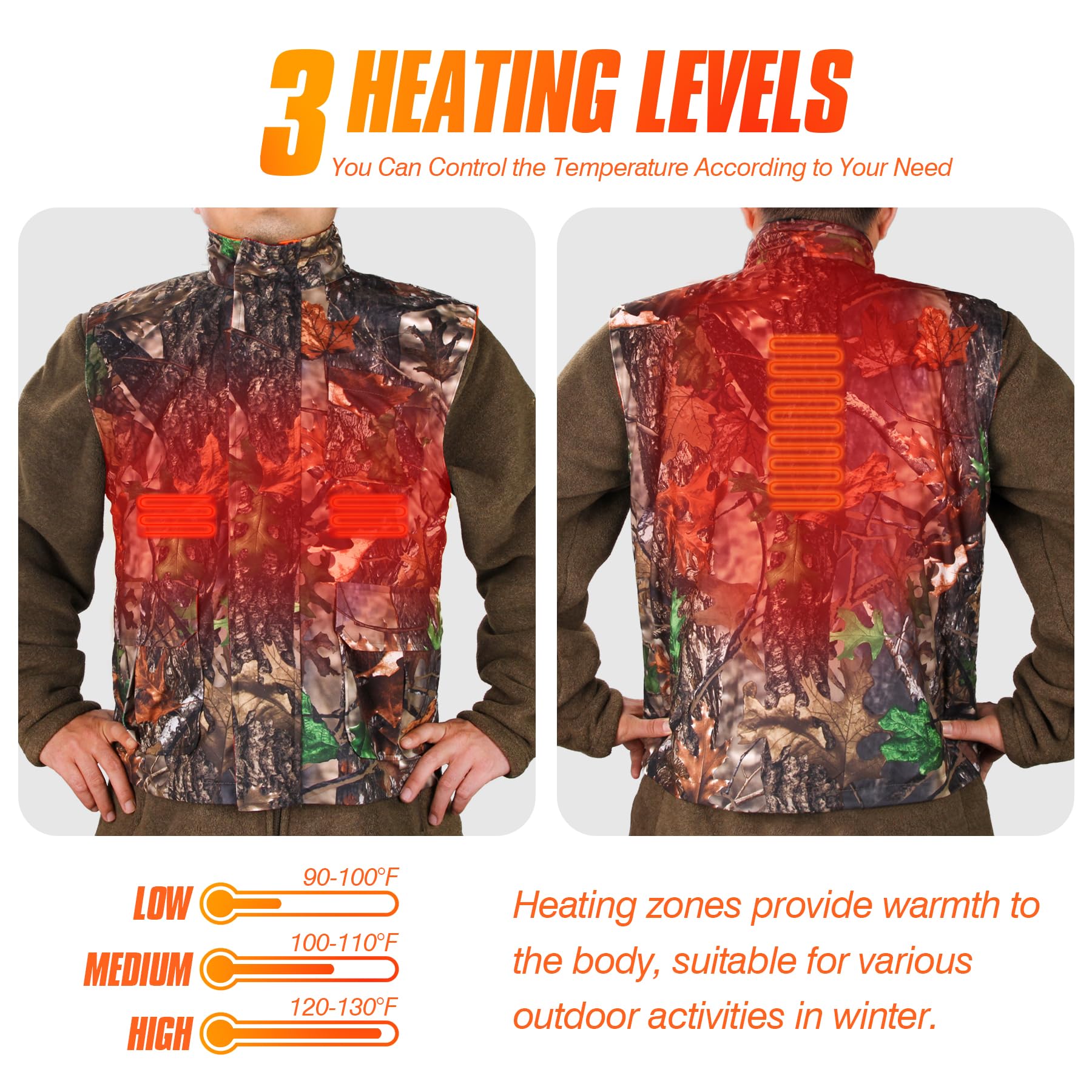 GUGULUZA Gilet riscaldato reversibile mimetico e arancione per caccia, gilet di sicurezza per giochi di riscaldamento leggero per escursionismo