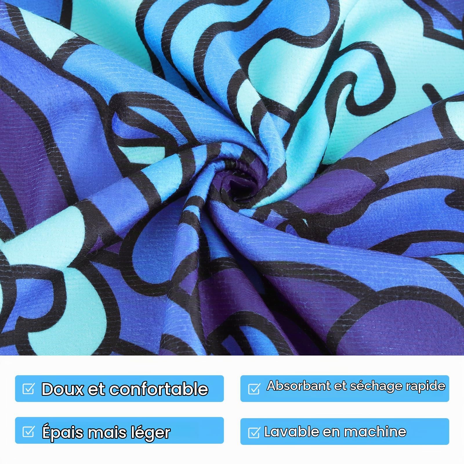 Grande Serviette de Plage à Capuche en Microfibre,Peignoir 90x105cm,Absorbant,Séchage Rapide,Anti-Sable,Légèreté,Remplacement Extérieur,Plages,Sports,Voyages,Sauna,Piscines,Vagues Bleues